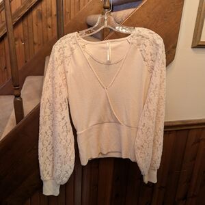 Anthropologie Lace Sleeve Wrap Sweater Top Small Cream Balloon Sleeve Ribbed